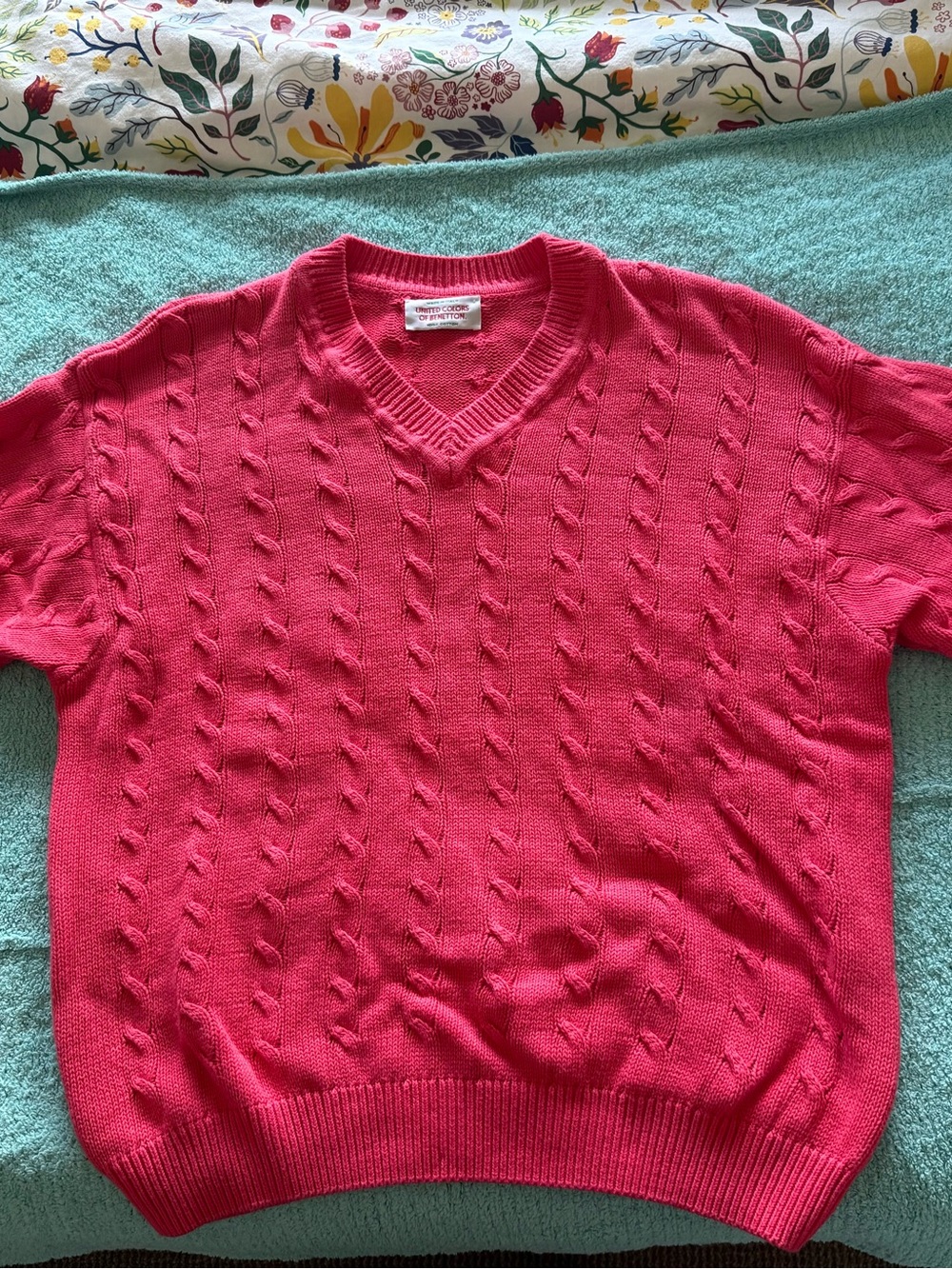 United Colors Of Benetton 100% Cotton V-Neck Cable Knit Sweater
